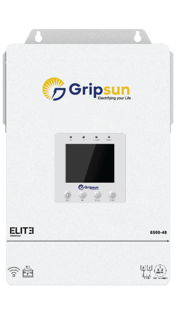 Gripsun ELITE PLUS 6.5kW hybrid solar inverter, front view with LCD display