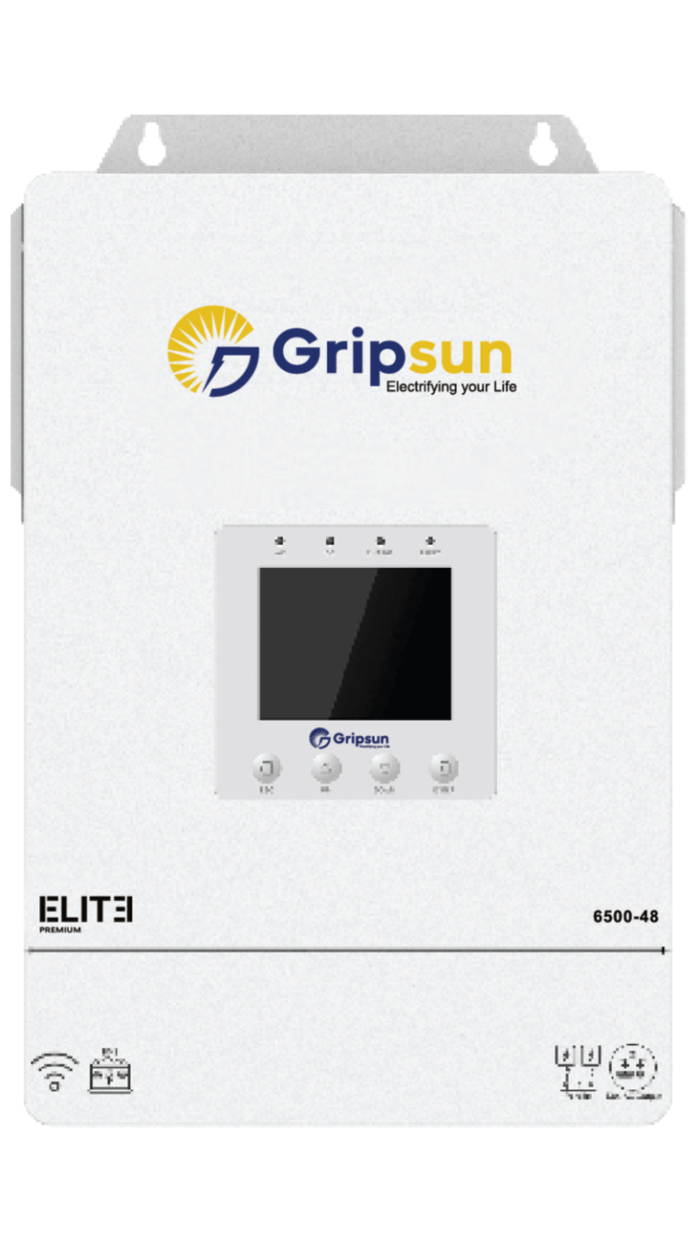 Gripsun ELITE PLUS 6.5kW hybrid solar inverter, front view with LCD display