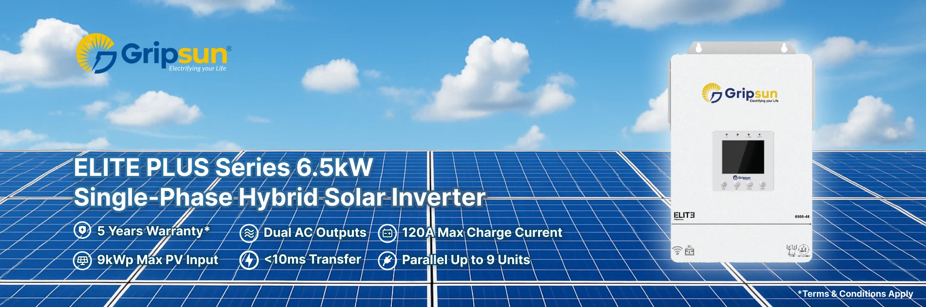 Gripsun ELITE PLUS Series 6.5kW single-phase hybrid solar inverter: 5 years warranty, dual AC outputs, 120A max charge current, 9kWp max PV input, under 10ms transfer, parallel up to 9 units