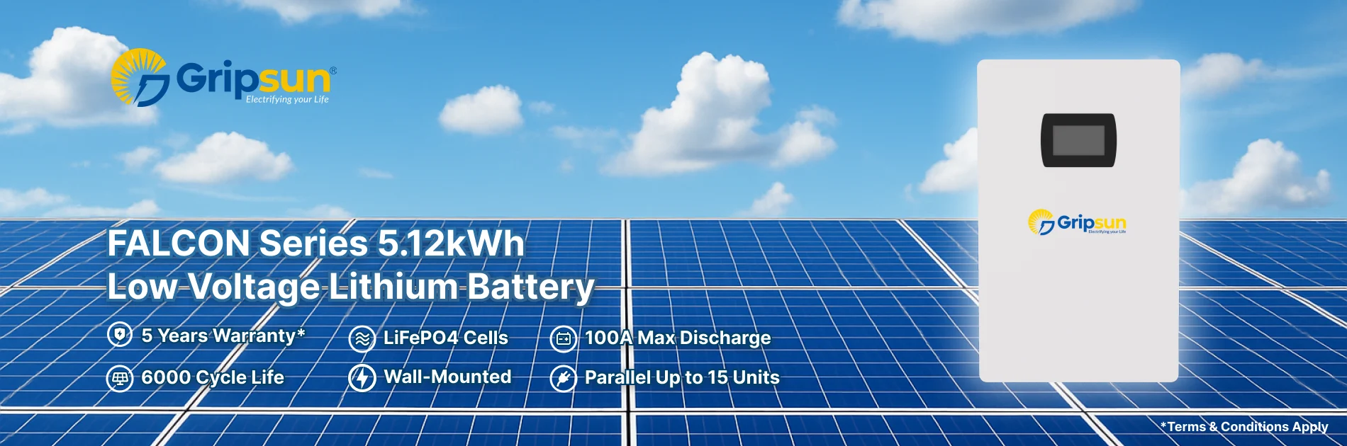 Gripsun FALCON Series 5.12kWh low voltage lithium battery: 5 years warranty, LiFePO4 cells, 100A max discharge, 6000 cycle life, wall-mounted, parallel up to 15 units